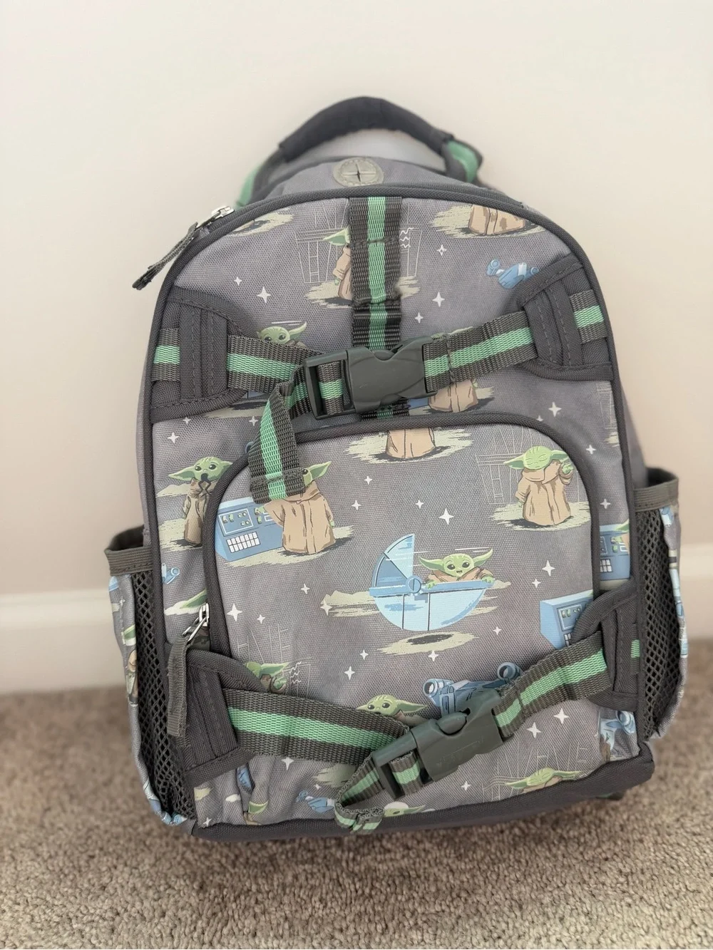 Pottery Barn Kids Gray Backpack with Green Accent Straps featuring Grogu Print
